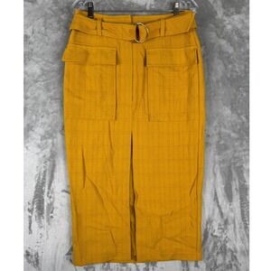 M&S Collection Ochre Yellow Belted Midi Pencil‎ Skirt Front Slit Textured UK 10